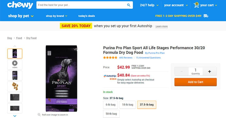 Ecomm product page by Chewy.com